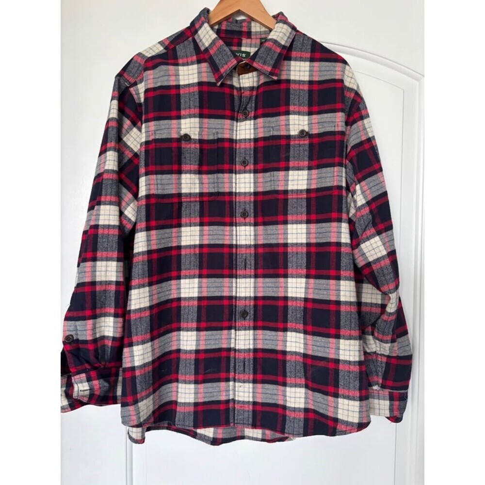 Orvis Men’s Perfect Flannel Shirt XL Red Navy Blue Cream Plaid cotton Faux Suede